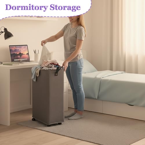 Slim Rolling Laundry Basket with Wheels, 42L Narrow Laundry Hamper with Mesh Drawstring Cover & Handles, Collapsible Dirty Clothes Bin for Small Spaces, Dorm, Apartment, Bathroom, Dark Grey - color: Dark Gary, size: 1PC 42L