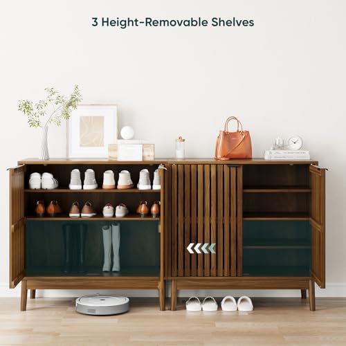 Kiasthome Shoe Storage Cabinet with Ventilated Slatted Doors, Wooden Shoe Organizer, Shoes Rack for Entryway, Hallway, Living Room - color: Walnut, size: 31.5" W