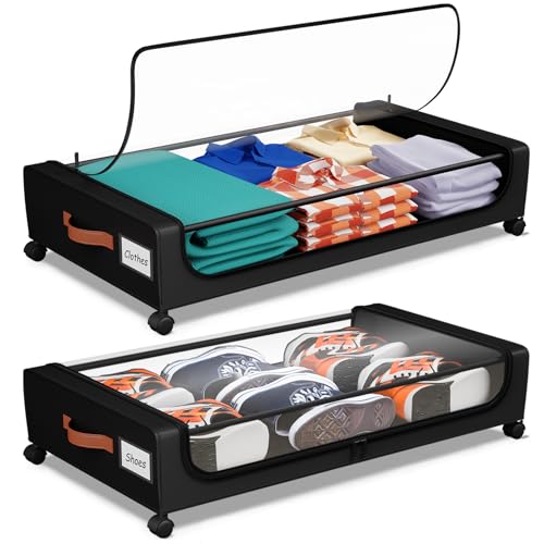 Under Bed Storage with Wheels, UnderBed Storage Containers with Clear Lid and Handles, XXL 60L Under the Bed Storage Bins Drawers for Clothes,Blankets,Shoes,Books (BLACK, 2 PACK) - color: BLACK, size: 2 PACK