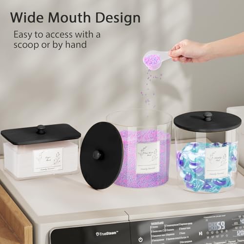 COAZEX 3 Pack Laundry Powder Container & Dryer Sheet Holder, Plastic Laundry Room Organization and Storage Jars with Lids, Labels & Scoops for Powder, Detergent, Scent Booster (Black Lid) - color: A-Clear(Black Lid)