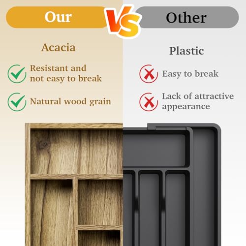 Kiasthome Acacia Wood Silverware Drawer Organizer, Kitchen Utensil Cutlery Drawer Organizer with Dividers, Flatware Organizer, Silverware Tray Holder for Spoons, Forks, 11.8''x16.5'' (6 Slots) - size: 6 Slots