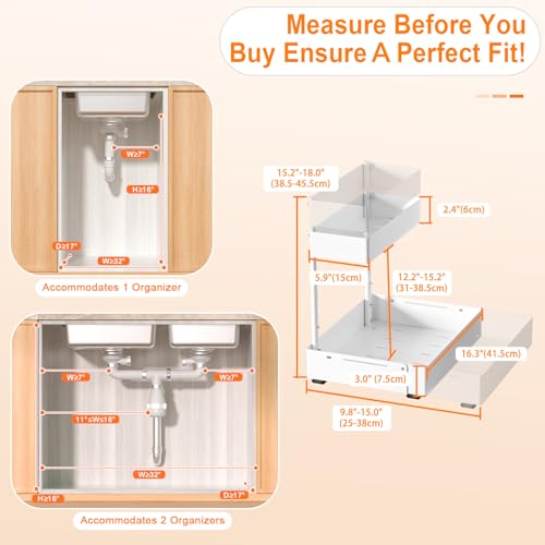 YJHome 2 Pack Expandable Under Sink Organizer, 2 Tier Pull Out Cabinet Organizer with Smooth Ball Bearing Slides, Adjustable Height Cabinet Storage Shelves for Kitchen, Bathroom, Laundry, Pantry - size: 2 Pack 9.8“-15"W