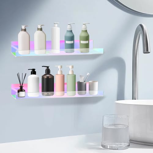 Dezzer 4 Pack Acrylic Shelves for Wall, 15" Acrylic Floating Shelves for Bathroom Bedroom, Invisible Bookshelf Wall Ledge Storage Shelf Books Perfume Toys Action Figure Display Shelves, Iridescent - style: 15 inch 4-pack Rainbow
