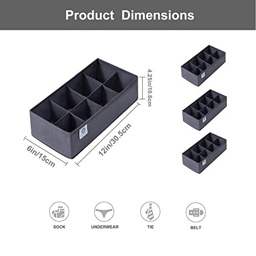Qozary 3 Pack Sock Underwear Drawer Organizer Dividers, Non-Woven Fabric Collapsible Cabinet Closet Storage Boxes for Clothes, Socks, Lingerie, Underwear, Tie, Belt, Baby, Bedroom (Gray, 8 Cells) - color: Gray, size: 8 Cells