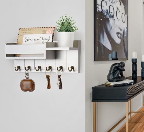 RelaxScene Key Holder Wall Mount - Key Hooks for Wall Decor Living Room - Wooden Key Hanger Rack and Mail Organizer with Shelf for Home Essentials - Modern Entryway House Decor Aesthetic - color: White, size: M(12''x4.8'')