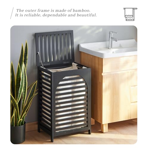 Laundry Hamper with Lid,Bamboo Large Waterproof Clothes Laundry Basket,Removable Washing Bags with Handles,clothes basket (Black) - color: Black