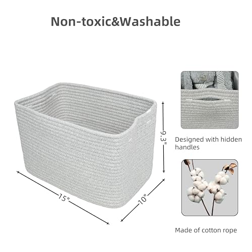 Cotton Rope storage Basket Bins Woven Basket for Organizing Shelves 15X10X9.3“ Rectangle Decorative Baskets For storage Clothes Toys Books Towels Square Wicker Nursery basket organizer 3 pack grey - color: Grey