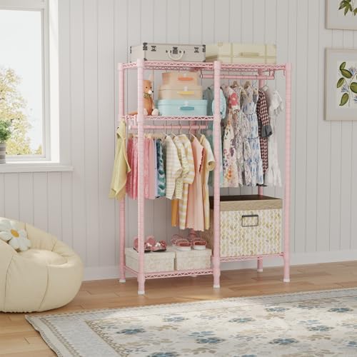 Ulif F1 Clothes Rack for Kids, Baby, Students, and Children's Room, 4 Tiers Portable Metal Closet Clothing Rack, Small Garment Rack with 2 Hanging Rod, 31.2" W x 11.8" D x 48" H, Pink - color: Pink