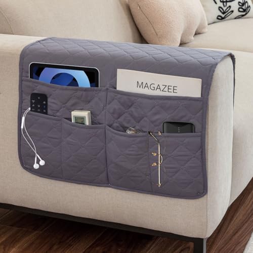Sofa Armrest Organizer Waterproof Armchair Caddy for Couch Remote Control Holder for Recliner Non Slip Recliner Caddy with 6 Pockets for Magazine, Tablet, Phone, iPad, Gray - color: Gray