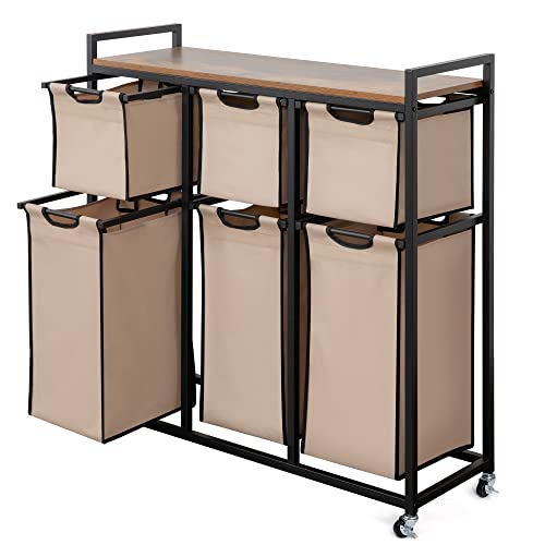 Suntage Laundry Basket Organizer, Hampers for Laundry 6 Compartments, Laundry Hamper with 6 Sliding Laundry Sorter Bags, Top Storage Shelf, and Metal Frame (6 Compartments) - style: 6 Compartments