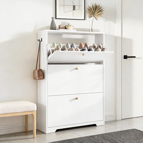 Nicetree Shoe Cabinet with 3 Flip Drawers, Narrow Shoe Organizer Cabinet, Freestanding Shoe Rack Cabinet, Morden Shoe Storage Cabinet for Entryway, Hallway, Foryer, White with Hook - color: White, style: 3-Drawers with Hook