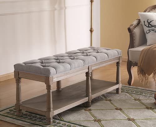 chairus Shoe Rack Bench Storage Vintage Bedroom Padded Bench Seat End of Bed, Fabric Tufted Farmhouse French Entryway Bench with Wood Legs for Hallway Foyer, Gray - color: Grey, size: 45.5 Inches Seat