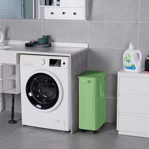 Vincona Slim Laundry Hamper with Lid and Wheels, Small Rolling Laundry Basket with Handle for Small Spaces, Tall Dirty Clothes Hampers for Dorm, Bathroom and Bedroom, 55L, Soga Green - color: Sage Green, size: 55L