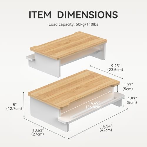 Computer Monitor Stand Riser, 16.5 Inch Wood Desk Shelf Storage Organizer with Phone Tablet Holder, White & Natural Bamboo - color: White & Natural Bamboo, size: 16.5 inch