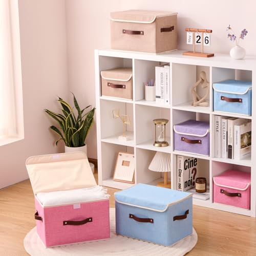 Storage Boxes with Lid Cotton Linen Fabric Storage Bins Organizer Container Decorative Collapsible Washable Shelf Baskets Faux Leather Handles for Home Bedroom Closet (Purple, Small) - color: Purple, size: Small (Set of 1)