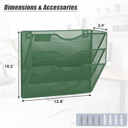 EASEPRES 3 Pocket Mesh Hanging Wall File Organizer, Wall Mounted Mail Paper Document Folder Holder, Clipboard Storage Organization Magazine Rack with Nametag Label for Office Home School, Dark Green - color: Dark Green, size: 3 Tier