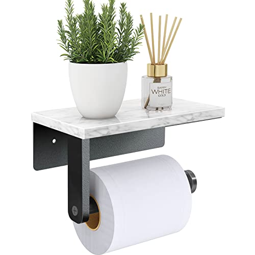 Gypie Marble Toilet Paper Holder with Shelf, 304 Stainless Steel Screw Wall Mounted, Tissue Roll Holder for Bathroom Washroom Matte Black - color: Black, size: 1 Roll