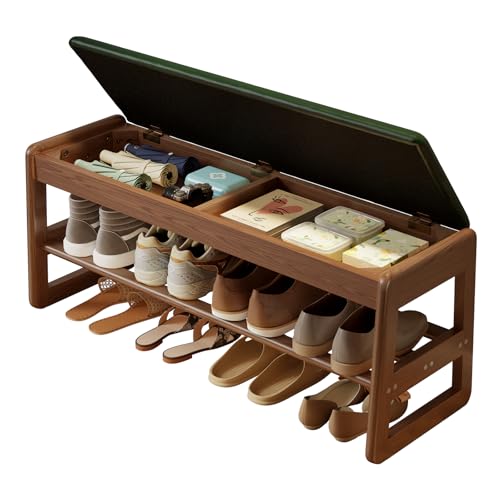 AQIMUELE Shoe Rack Bench,2 Tiers Shoe Bench with Storage with Flip-Top,Wood Shoe Rack for Entryway,Hallway（Green Upholstered Seat,11.8" D x 39.3" W x 15.7" H） - color: Green Upholstered Seat, size: 11.8"D x 39.3"W x 15.7"H