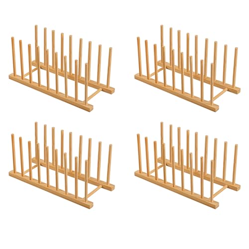 HBlife 4pcs Heighten and Widen Bamboo Dish Dying Rack Pot Lid Plate Organizer Holder for Cabinet, Cutting Board Stand Drainer Storage Plate Rack for Dish, Pot Lid, Bowl, Cup, Cutting Board and Books - color: Rod 6inch High 8slots 4pcs
