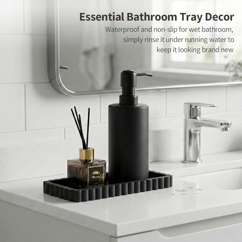 Small Silicone Bathroom Vanity Tray, Sink Caddy for Dish Soap Dispenser, Sponge Holder for Kitchen Sink, Rectangle Bathroom Countertop Organizer for Perfume, Jewelry, Candle (7.9” * 4”, Black) - color: Black, size: 7.9" x 4" x 0.7"