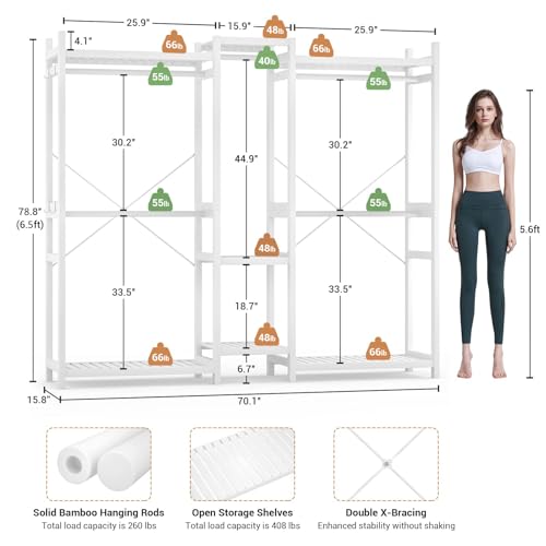 Homykic Bamboo Closet System Clothes Rack, Large Freestanding Garment Rack Clothing Rack for Hanging Clothes with 7 Storage Shelves and 5 Rods, Open Wardrobe Organizer with 4 Hooks, White - color: White, size: III Large