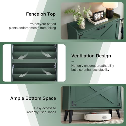 Barnyatoh Shoe Storage Cabinet,Farmhouse Shoe Organizer with 2 Flip Drawers & Barn Door Design,Freestanding Hidden Slim Narrow Shoe Rack Cabinet for Entryway,Foyer,Hallway,Green - color: Green, size: 2-Drawers