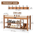 39.4in Shoe Bench with Coat Rack, 3-Tier Bamboo Entryway Bench Hall Tree Shoe Rack Holds Up to 330lb for Bedroom Hallyway - size: 39.4in with Hooks