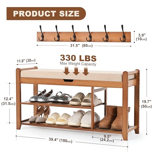 39.4in Shoe Bench with Coat Rack, 3-Tier Bamboo Entryway Bench Hall Tree Shoe Rack Holds Up to 330lb for Bedroom Hallyway - size: 39.4in with Hooks