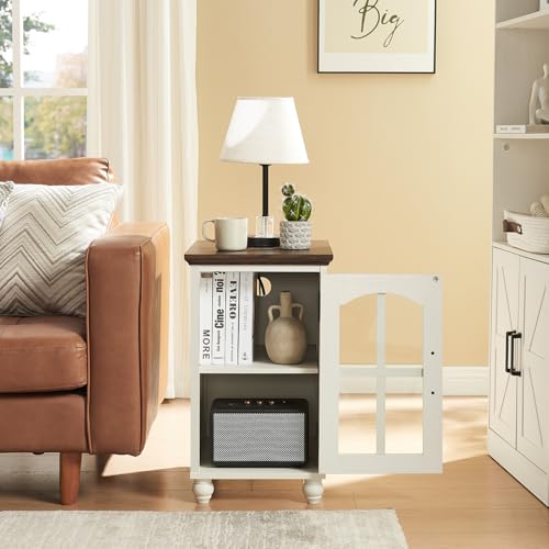 Narrow Side Table Set of 2,White Nightstand with Charging Station,End Table with Glass Barn Door Storage, Cabinet Organizer with Adjustable Shelf, Night Stand for Small Spaces Living Room Bedroom - color: White, size: Set 2