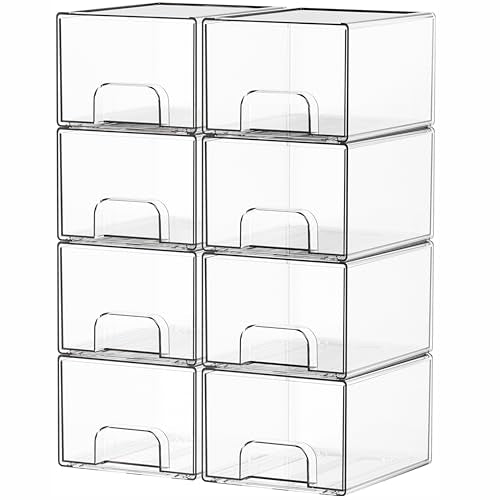 Yieach 8 Pack Small Stackable Storage Bins,Clear Acrylic Drawer Boxes,Medicine Cabinet Organizer,Plastic Containers for Organizing Vanity,Undersink,Pantry,Bathroom Makeup Organizer,Home Organization - color: Clear-4.4 In Tall, size: 8 Pcs