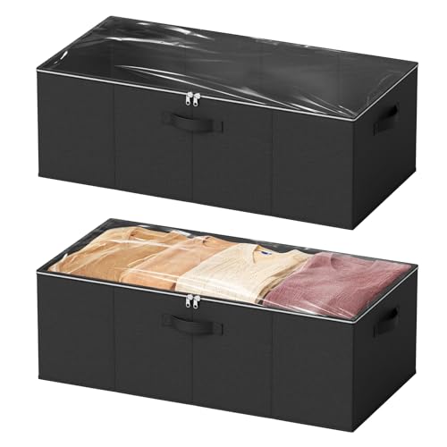 SpaceAid 2 Pack 10" High Under Bed Storage Containers, Large Underbed Storage Organizer Bins with Lids for Bedroom, Dorm, Clothes, Closet Organization, Bed Sheets and Blankets (Black) - color: Black