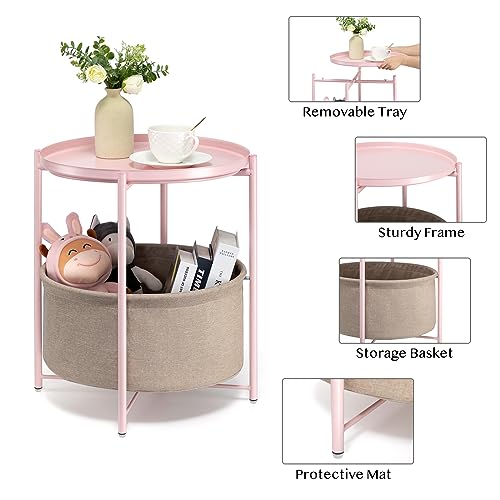 danpinera Round Side Table with Fabric Storage Basket, Metal Side Table Small Bedside Nightstand with Removable Tray Top for Living Room, Bedroom, Nursery, Laundry, Light Pink - color: Light Pink