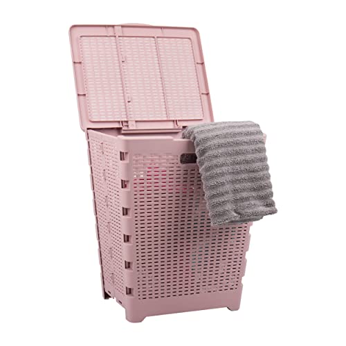 Mind Reader 61L Foldable Laundry Hamper, Clothes Basket, Lid, Wicker Design, Plastic, 18"L x 14.5"W x 21.25"H, Pink - color: Pink