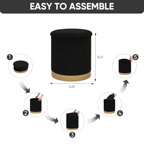 15" Round Storage Ottoman,Boucle Foot Rest/Seating/Storage for Small Space-Living Room/Bedroom/Dorm-Black - color: Black