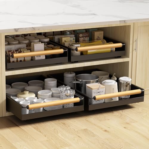 2 Pack 15.3'' Deep Expandable Slide Out Cabinet Shelf No-Drill Pull Out Drawer with Nano Film Adhesive, Heavy Duty Pull Out Tray for Kitchen, Pantry & Bathroom, Black - color: 2 Pack Black