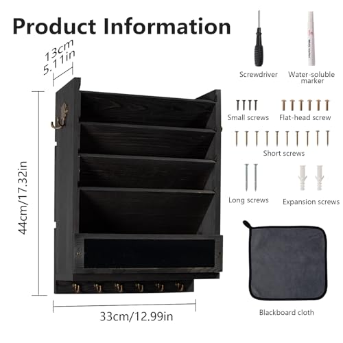 Rustic wall mail organizer,Key and Mail File Holder for Wall Mount，with 6 Key Hooks 2 Double Key Hooks A blackboard,for Home,Office, Classroom,Entryway Decor (black) - color: black