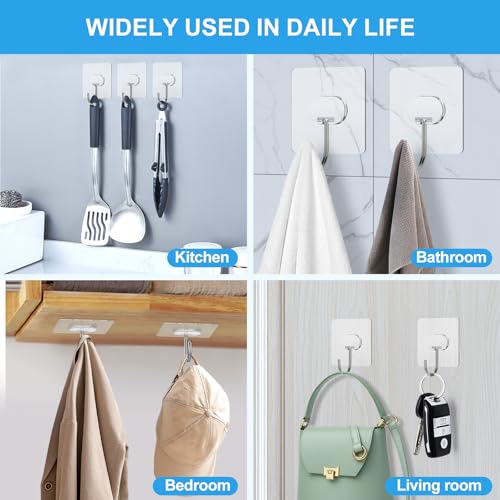 JINSHUNFA Adhesive Wall Hooks 13LB Heavy Duty No Drill Large Transparent Waterproof Hooks for Bathroom Kitchen Towel Coat 12 Pack - size: 12 Large hooks