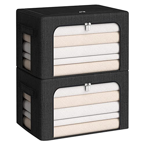 CYhom Clothes Storage Bins Box - Linen Fabric Foldable Stackable Container Organizer Set with Clear Window & Carry Handles & Metal Frame (Black, Medium-36L) - color: Black, size: Medium-36L