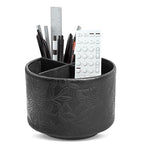Hennaja Round Leather Art Supply Organizer,Remote Control Holder,360 Degree Spinning,Multi-Functional Pencil Holder,4 Compartments Desktop Stationary Organizer(1-Carved Black) - color: 1-Carved Black