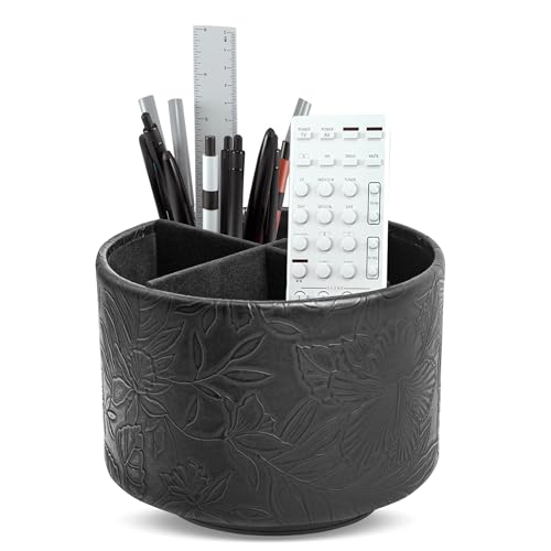 Hennaja Round Leather Art Supply Organizer,Remote Control Holder,360 Degree Spinning,Multi-Functional Pencil Holder,4 Compartments Desktop Stationary Organizer(1-Carved Black) - color: 1-Carved Black
