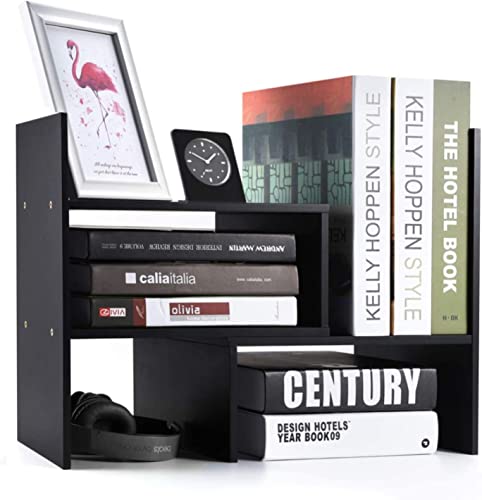 Sorfity Desktop Bookshelf Desk Storage Organizer Adjustable Wood Desktop Display Shelf Rack Counter Office Storage Rack Top Bookcase - Free Style Display Natural Stand Office Supplies Desk Organizer - color: Black
