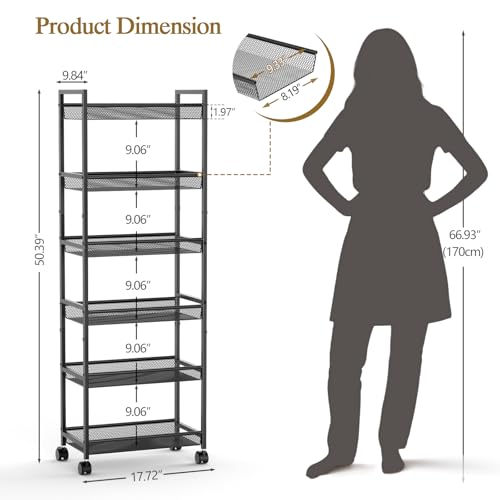 6 Tier Slim Rolling Storage Cart, Narrow Mobile Shelving Unit Organizer Utility Cart with Wheels, Metal Wire Storage Rack with Baskets for Kitchen, Bathroom, Laundry & Living Room, 10in(W) Black - color: Black, size: 6 Tier(10 inches)