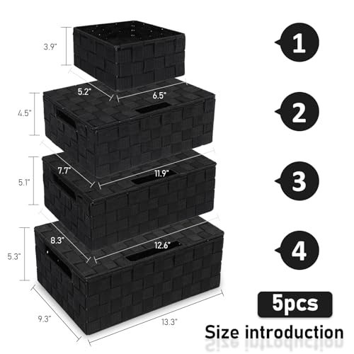 Storage Bins Woven Organizer with Lids Set of 5 – Polypropylene Storage Baskets with Metal Frame, Stackable Fabric Boxes for Drawers, Closet, Shelf, Nursery and Office, Black - color: Black, size: 5PCS-with lid