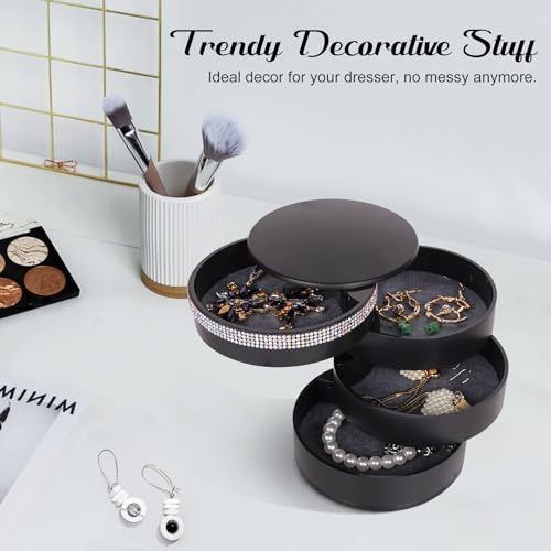 CONBOLA Jewelry Holder Organizer, Christmas Gifts Ideas for Women, Small Jewelry Storage Box Earring Holder, 5-Layer Rotating Jewelry Storage Tray with Lid for Bracelets Rings Bracelets - color: Sparkle Black