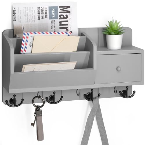 Rebee Vision Key Holder Wall Mount with Mail Sorter and Drawer Organizer - Modern Mail Organizer Wall Mounted with Wall Hooks - Home Organization for Apartment Essentials (Light Gray) - color: Gray