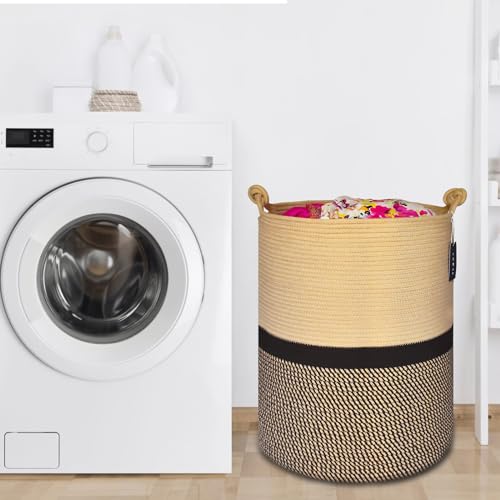 COMSE Extra Large Blanket Basket, Tall Woven Storage Basket, Nursery Hamper, 15.7”x 21.7”, Cotton Rope Laundry Hamper for Toys Clothes Towels, Blend Brown/Black - color: Blend Brown & Black