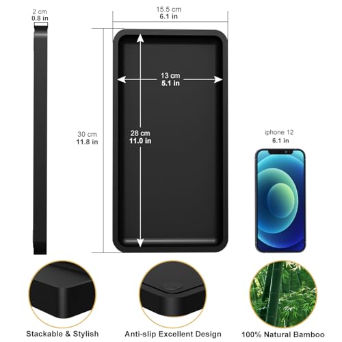 Bathroom Vanity Tray for Countertop - Bamboo Organizer Tray for Dresser Tops, Toilet, Perfume Small Decorative Tray Wood Tray for Home Decoration 11.81” L x 6.1” W x 0.79” H Black - color: Black, size: 11.8" x 6.1" x 0.8"