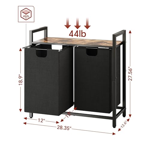 Kitstorack Laundry Basket Organizer, Laundry Hamper with Shelf & 2 Pull-Out Removable Bags, Dirty Clothes Hamper Organizer for Laundry Room Bathroom and Dorm, 2 x 11.8 gallons (44.5L) - color: Rustic Brown、Black, size: 2 Bags(28.4"L x 12.6"W x 27.6"H)
