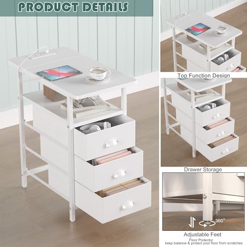 sthmec End Table with Charging Station,LED Side Tables with USB Ports and Outlets,Narrow Nightstands Bedside Tables with 3 Drawers PU Finish for Small Space,Slim Sofa Table for Livingroom,White - color: White, size: 11.75'' W*21'' D* 24.3'' H, style: Powe