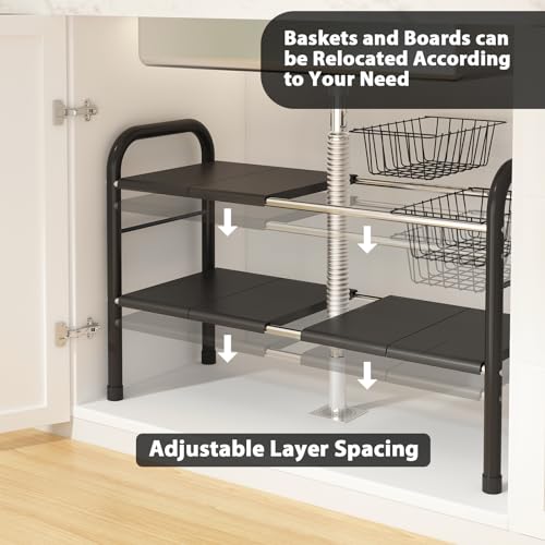 Expandable Under Sink Organizer, 2 Tier Under Sink Shelf with 2 Removable Baskets and 6 Removable Panels for Cabinet Sink Cloakroom Wardrobe Closet Storage(Black, 17.71”-32”Length